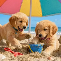 Generate two puppies playing on the beach under a giant umbrella. Puppies are surrounded by sand castles