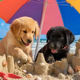 two puppies playing on the beach under a giant umbrella. Puppies are surrounded by sand castles
